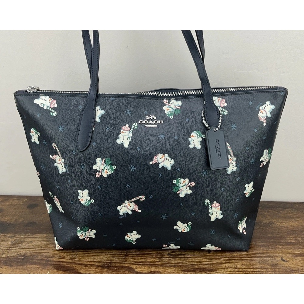 COACH Snowman Pattern Tote Bag Dark Blue Canvas Women's Fashion